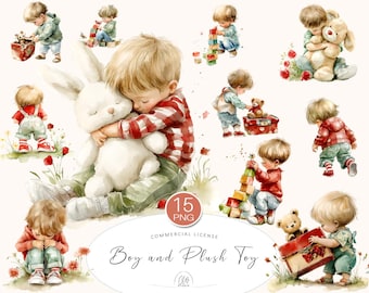 Watercolor Boy and Plush Toy Clipart: Nursery Art PNGs (Digital Download