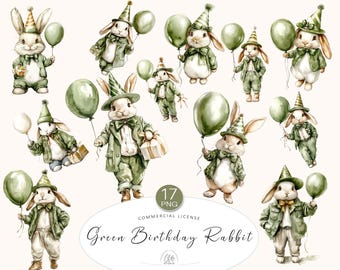 17 Birthday Bunny Clipart Set | Green Watercolor Rabbits with Balloons & Hats | Instant Download