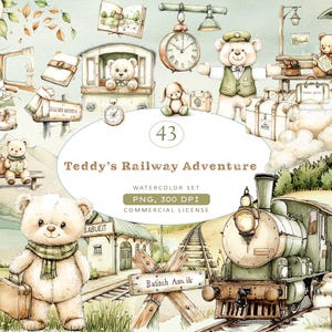 May include: Watercolour illustration set of 43 teddy bears on a railway adventure. The set includes a train, a station, luggage, and other railway-themed elements. The illustrations are in a vintage style with soft colours.