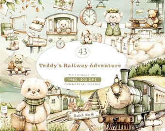 Watercolor Teddy Bear Clipart: Vintage Train Set (43 PNG, 300 DPI)