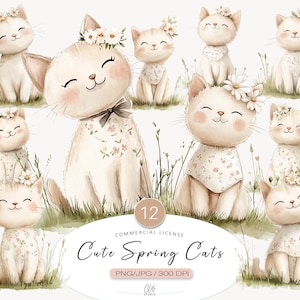 May include: Twelve watercolor illustrations of cute cats with floral accents. The cats are wearing floral dresses and have flowers in their hair. The illustrations are perfect for scrapbooking, card making, and other craft projects.