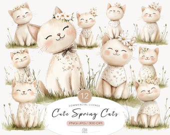 Floral Kitten Watercolor Clipart: Spring Pastel Cats (PNG JPG)