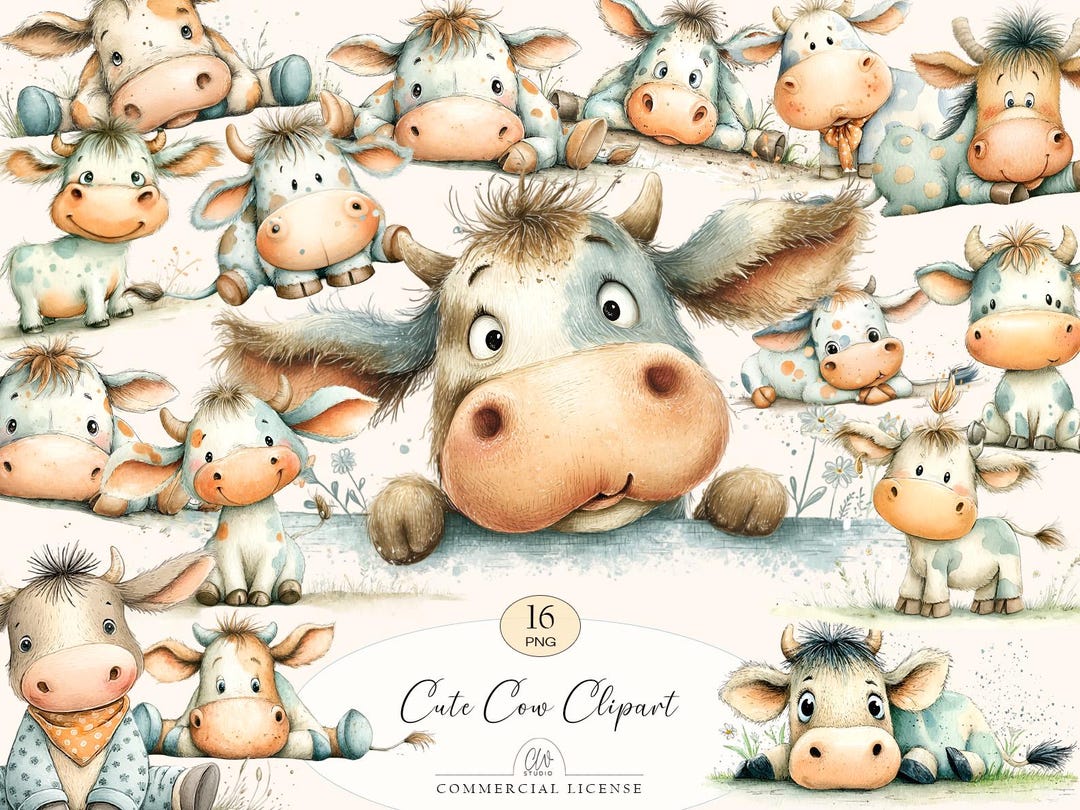 Watercolor Cow Clipart | 16 Cute Farm Animals (PNG Set) - Etsy