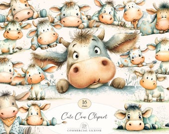 16 Cute Cow Clipart | Watercolor Farm Animals, Baby Calf PNG Set