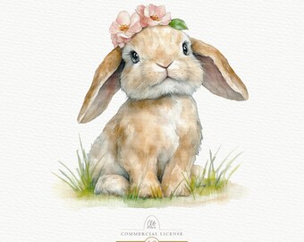 Watercolor Bunny Clipart: Easter Rabbit with Floral Crown (PNG Digital Download)