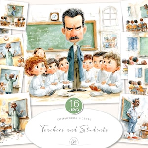 Puede incluir: Ilustraciones en acuarela de profesores y estudiantes en un aula. Las imágenes representan diversas escenas de instrucción, con profesores frente a pizarras y estudiantes sentados en escritorios. El tema general es la educación y el aprendizaje.