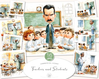 Watercolor Teacher Clipart: Diverse Classroom Scene Illustrations (JPG Digital Download)