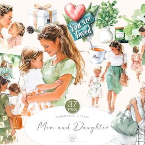 37 PNG Clipart mamma e figlia • Teneri disegni per la festa della mamma in toni verdi tenui • Download immediato