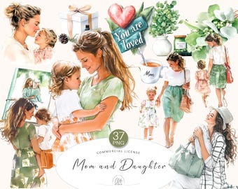 Mother & Daughter Watercolor Clipart: Soft Green Tones (PNG, Digital Download)