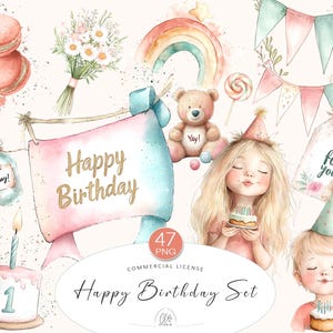 47 Geburtstag Clipart-Set PNG | Aquarell Pastell Party Elemente für Kinderkarten & Dekor | Sofort Download