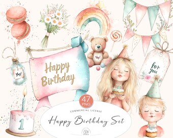 Watercolor Birthday Clipart Set: Pastel Party Decor (PNG Instant Download)