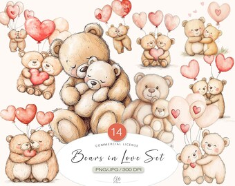 Valentine Bear Clipart: Love Teddy PNG Set (Digital Download)