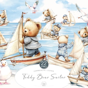 22 Clipart di orsacchiotti marinai PNG / Orsi blu beige nautici per decorazioni per baby shower, decorazioni murali, cameretta dei bambini / Download immediato