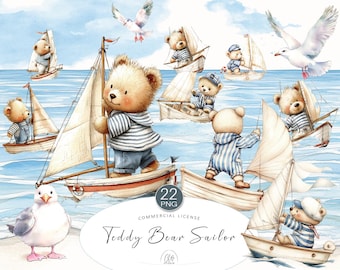 Teddy Bear Sailor Clipart: Nautical Nursery Art (PNG Digital Download)