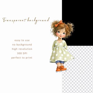May include: A watercolour illustration of a young girl with auburn hair in pigtails, wearing a light green dress with white polka dots, blue jeans, and orange boots. The image includes the text "Transparent background", "easy to use", "no background", "high resolution", "300 DPI", and "perfect to print".