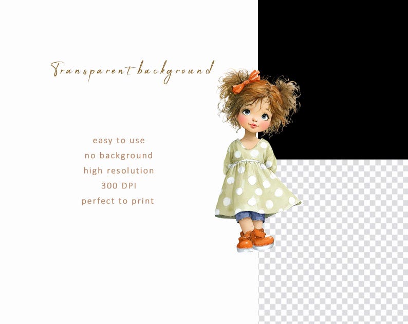 May include: A watercolour illustration of a young girl with auburn hair in pigtails, wearing a light green dress with white polka dots, blue jeans, and orange boots. The image includes the text "Transparent background", "easy to use", "no background", "high resolution", "300 DPI", and "perfect to print".
