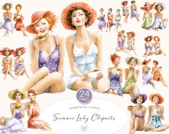 24 Summer Lady Cliparts – Watercolor Retro Girls with Burger & Drink, Picnic, Fashion Journal PNG