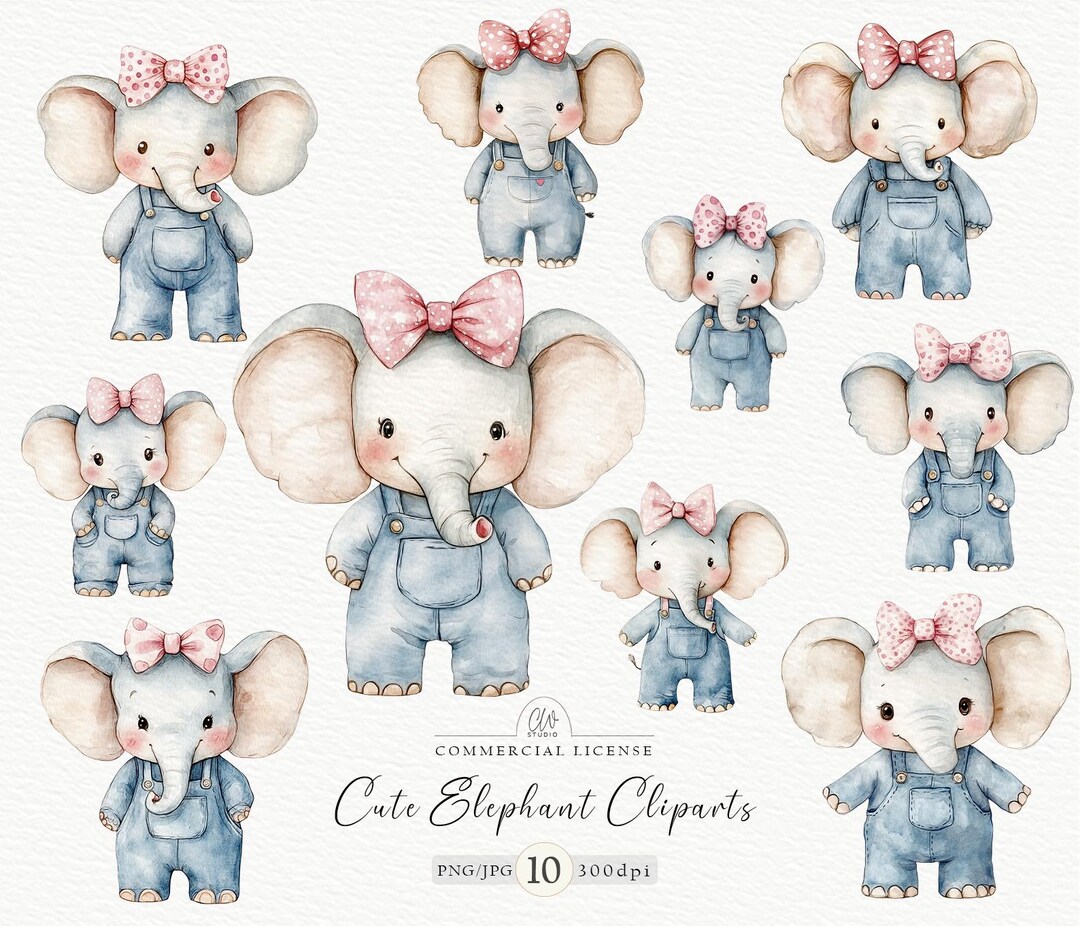 Cute Elephant Clipart Set | 10 PNG & JPG Baby Elephant in Overalls ...