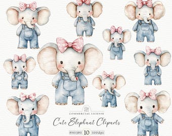 Baby Elephant Clipart Set: Watercolor Overalls, Pink Bows (Digital Download)