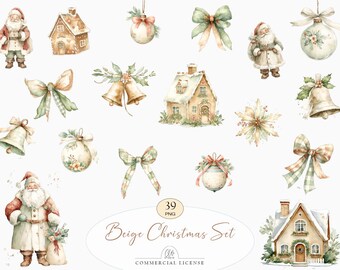 39 Beige Christmas Clipart | Watercolor Santa & Cottage PNG, Vintage Holiday Set