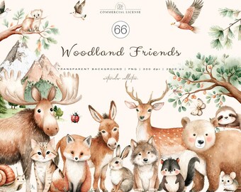 66 Woodland Animals Clipart | Watercolor Forest Friends PNG, Deer Fox Bear Moose Nursery Art