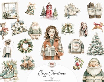 60 Cozy Christmas Clipart | Watercolor Winter Girl PNG, Hygge Holiday Illustrations