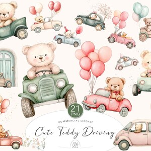 21 Cliparts de Carros de Urso PNG | Ursinhos fofos dirigindo carros retrô com balões – Chá de Bebê, Impressões para Quarto de Bebê, Scrapbooking, Arte por Sublimação