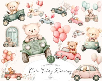 21 Bear Car Cliparts PNG | Cute Teddy Driving Retro Cars with Balloons – Baby Shower, Nursery Prints, Scrapbooking, Sublimation Art