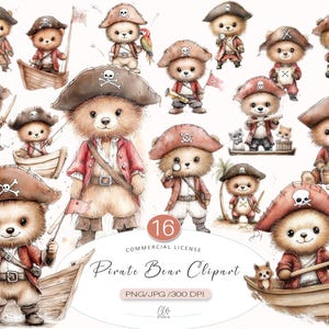 Clipart ours pirate | 16 PNG JPG Mignons pirates en peluche | Bateau d'aventure, carte au trésor, perroquet, décoration de fête d'enfants, téléchargement immédiat