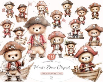 Pirate Bear Clipart | Nautical Teddy Bear Illustrations (Digital Download)