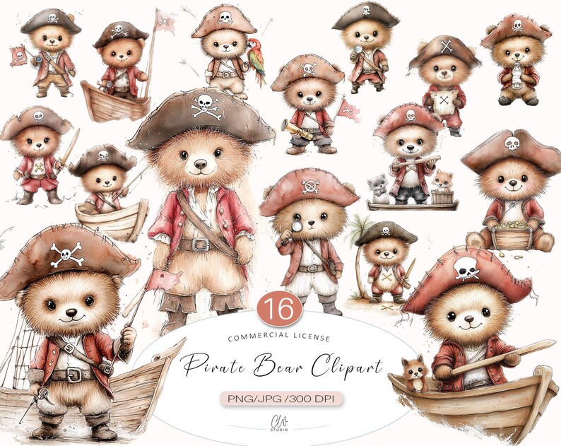 May include: A set of 16 digital clipart images featuring cute cartoon bears dressed as pirates. The bears are wearing pirate hats, bandanas, and holding pirate swords, treasure chests, and other pirate-themed items. The images are in a watercolour style and are perfect for creating digital scrapbooking projects, invitations, and other crafts.