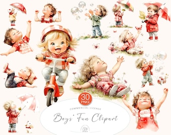 30 Boys Cliparts | Cute Boys Playing, Laughing and Exploring Outdoors | PNG Set for Journals, Cards, Sublimation & Kids DIY Projects