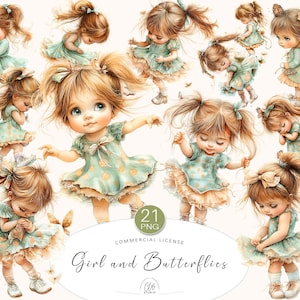 21 PNG Mädchen mit Schmetterlingen Clipart • Entzückendes kleines Mädchen im Grünen Kleid mit niedlichen Insekten, Scrapbooking, Vintage • Sofortiger Download