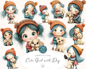 Girl and Dog Winter Clipart: Watercolor Puppy PNG (Digital Download)
