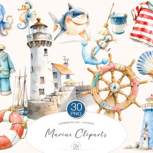 Pode incluir: Ilustrações em aquarela de objetos com tema marinho, incluindo um farol, um leme, uma âncora e um salva-vidas. Outros elementos incluem um tubarão de desenho animado, um polvo, um cavalo-marinho e um traje de marinheiro. O texto "Marine Cliparts" também está presente.