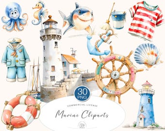 Watercolor Nautical Clipart Set: Marine Animals, Lighthouse, and Sailor (PNG Digital Download)