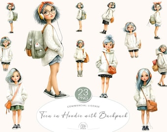 23 PNG Cool Girl Clipart – Watercolor Teen in Hoodie with Backpack, Modern Aesthetic for Planners & Journals
