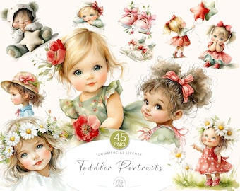 Baby Girl Clipart PNG: Floral Toddler Portraits, Vintage Nursery Art (Digital Download)