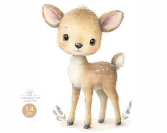 Watercolor Baby Deer Clipart: Woodland Nursery Art, Baby Shower (JPG Digital Download)