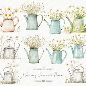 Aquarelle florale d'arrosoir floral | 10 illustrations de fleurs sauvages rustiques PNG et JPG | Cottagecore, oeuvre d'art de la ferme, téléchargement immédiat