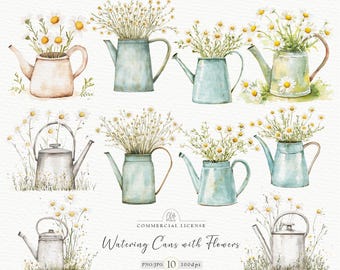Watercolor Watering Can Clipart: Rustic Wildflower Illustrations (PNG & JPG)