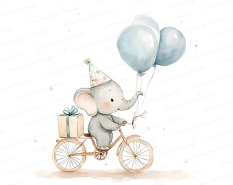 Baby Elephant Clipart: Watercolor Bicycle Animal Illustration (Digital Download JPG)