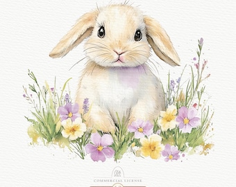 Watercolor Bunny Clipart: Spring Flowers, Baby Rabbit (PNG JPG)