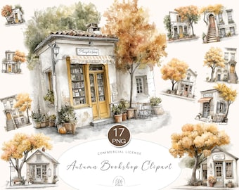 Autumn Bookshop Clipart: Watercolor Fall Buildings, Trees (PNG Digital Download)