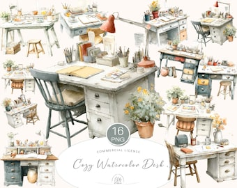 Watercolor Desk Clipart: Vintage Office PNG Illustrations (Digital Download)