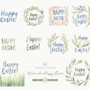 Aquarelle Joyeuses Pâques Clipart | Lettrage de Pâques peint à la main 10 PNG | Typographie de vacances de printemps pour cartes et décoration