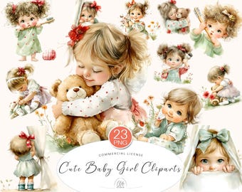 Baby Girl Watercolor Clipart PNG: Teddy Bear, Nursery Art (Digital Download)