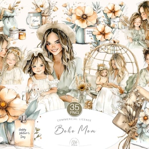 35 cliparts PNG Boho pour la fête des mères • beige chaud et illustrations florales de maman et de fille dans un style bohème • Téléchargement immédiat