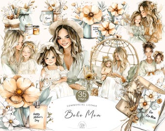 Boho Mother's Day Clipart: Mom & Daughter Floral PNG (Digital Download)
