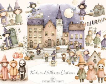 43 Halloween Witch Clipart | Watercolor Witches, Pumpkins, Spooky Kids | Autumn PNG Set